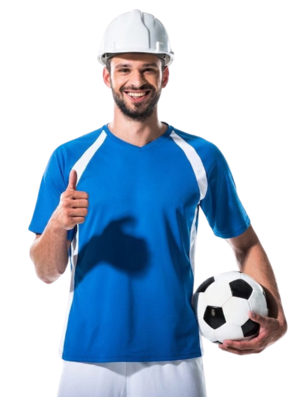 Constructor con pulgar arriba y balón de fútbol